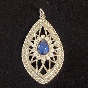 Silver Tone Blue Pear Stone Pendant Openwork Teardrop Clear Rhinestone Halo